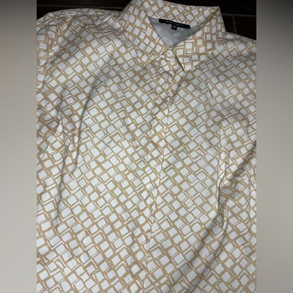 Layfayette 148 white/khaki square printed button up sz 10 - Picture 3 of 8